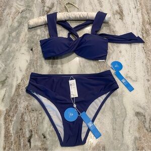 Cupshe Santorini Solid Twist Front Wide Strap Bralette Bikini Swim Set Sz Small